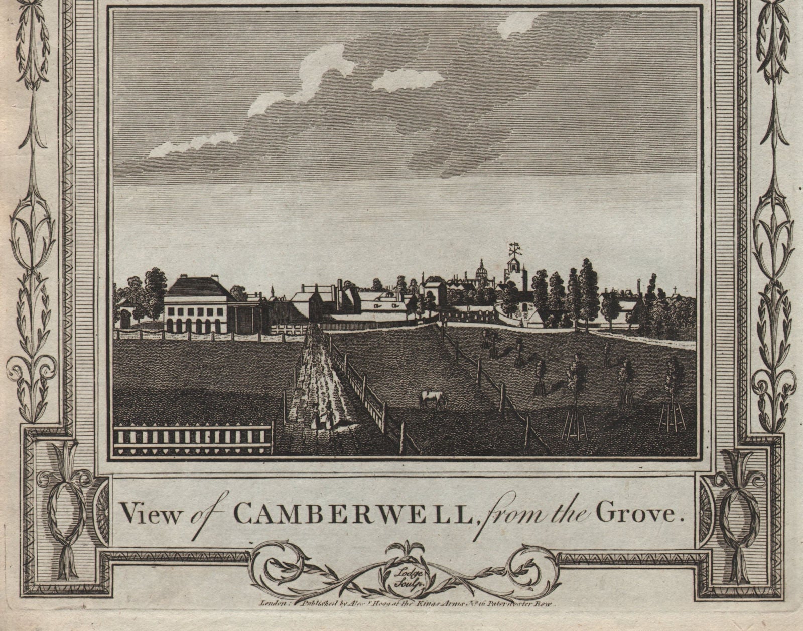 View of Camberwell from the Grove, with old St Giles church. THORNTON 1784